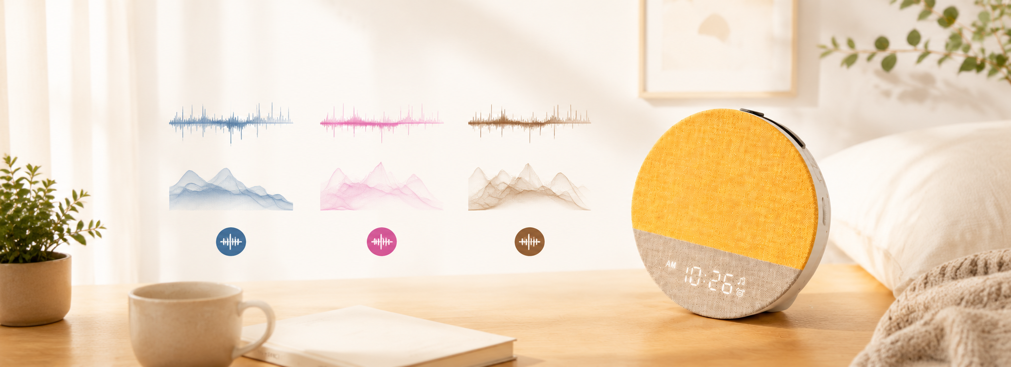 White noise, pink noise and brown noise illustrated for a side-by-side sleep sound comparison