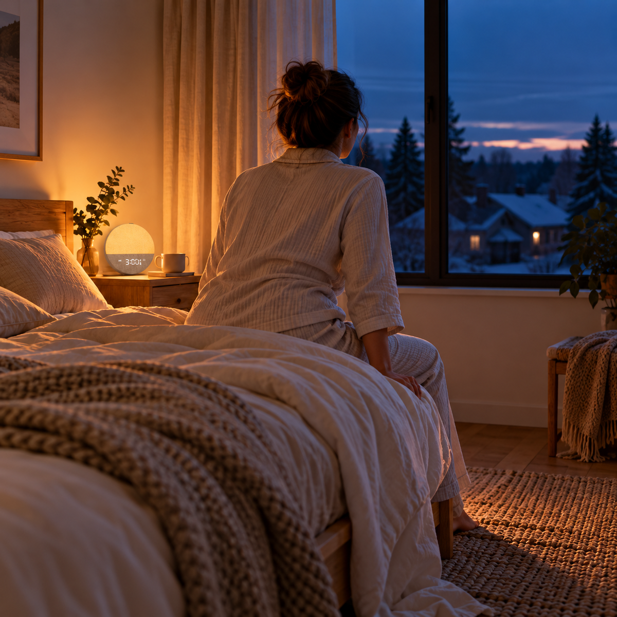 Femme assise au bord du lit près d’une lumière d’aube chaude un matin d’hiver sombre
