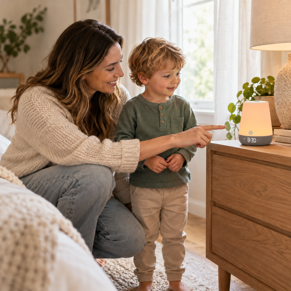 Un parent montre une lumière verte de réveil à un tout-petit pendant un exercice en journée