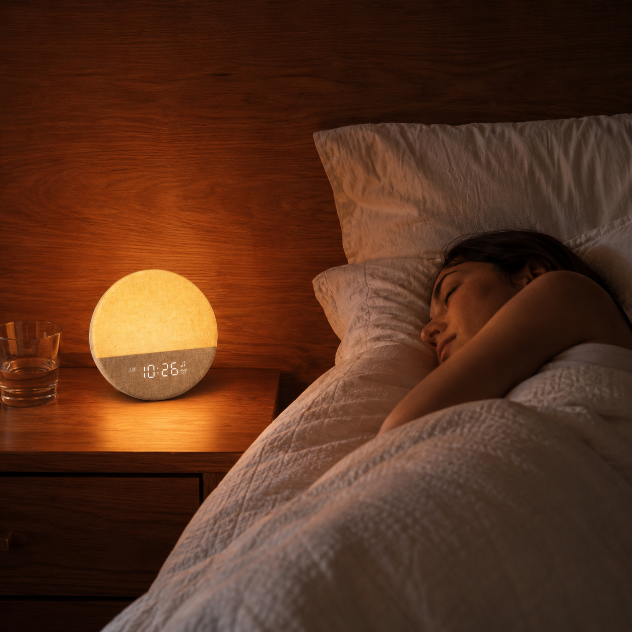 Woman sleeping beside a sunrise alarm clock gradually lighting the bedroom