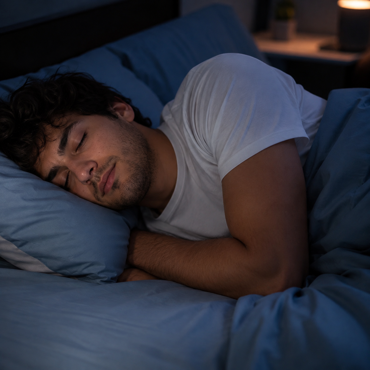 Bedroom scene illustrating nighttime noise and a calm evening routine