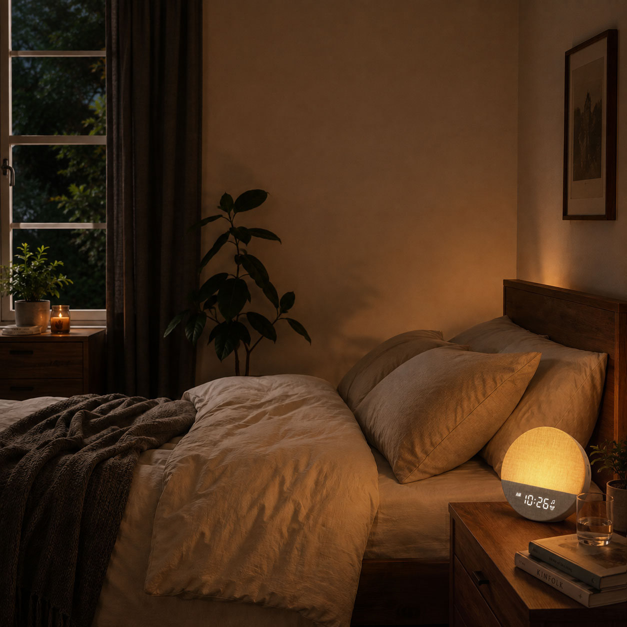 Calm bedroom with soft lighting, layered bedding and a bedside sound machine