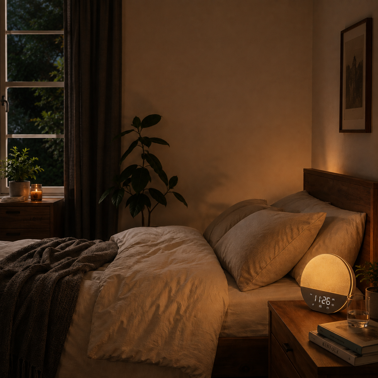 Calm bedroom with soft lighting, layered bedding and a bedside sound machine