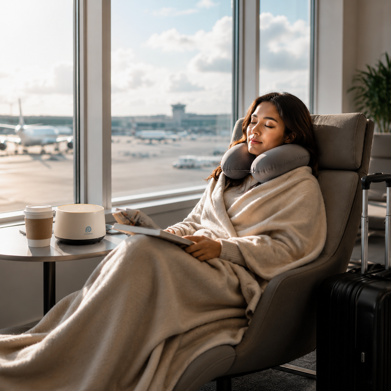 Traveler resting with a compact sleep setup in a hotel room
