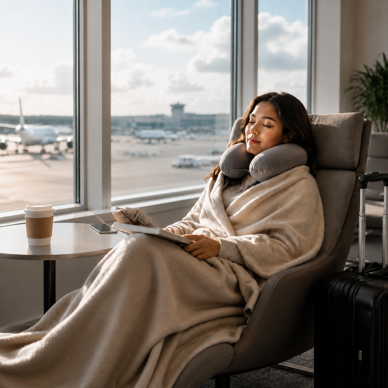 Traveler resting with a compact sleep setup in a hotel room