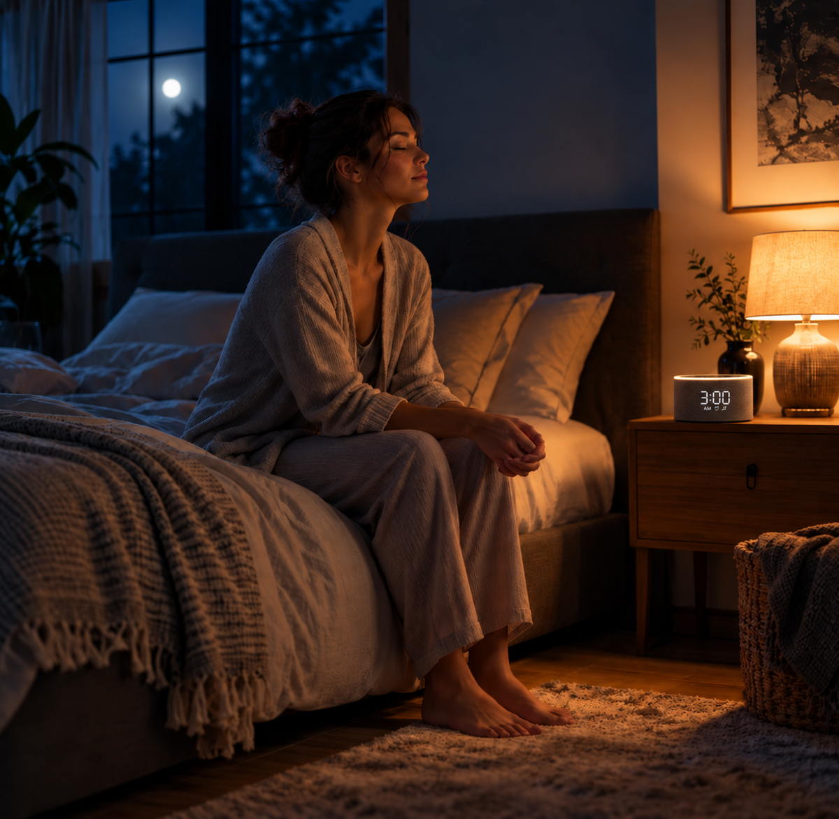 Peaceful dark bedroom at night with a dim bedside clock, soft bedding and subtle ambient light.