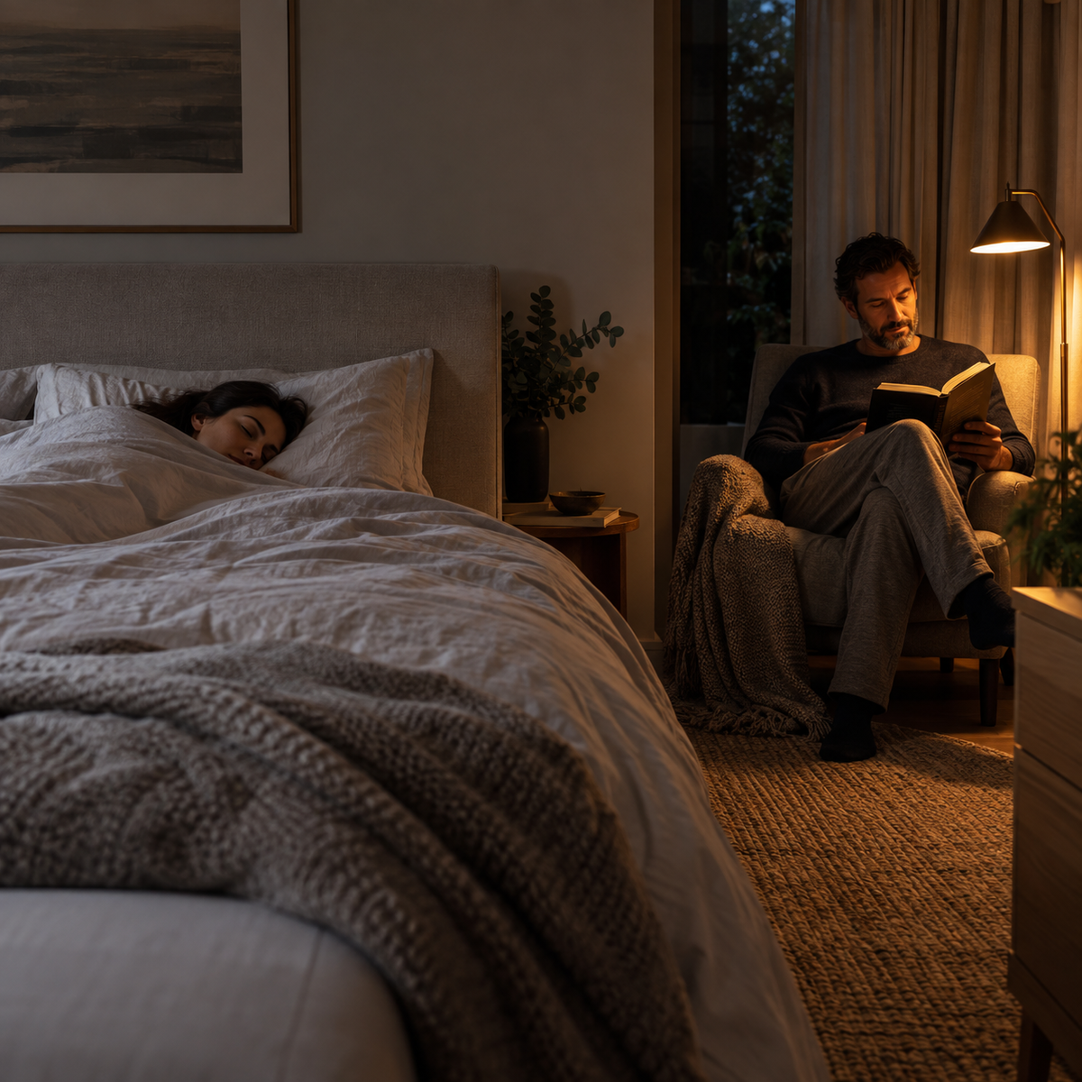 Two partners sharing a calm bedroom, with one reading under a low bedside light while the other prepares to sleep.