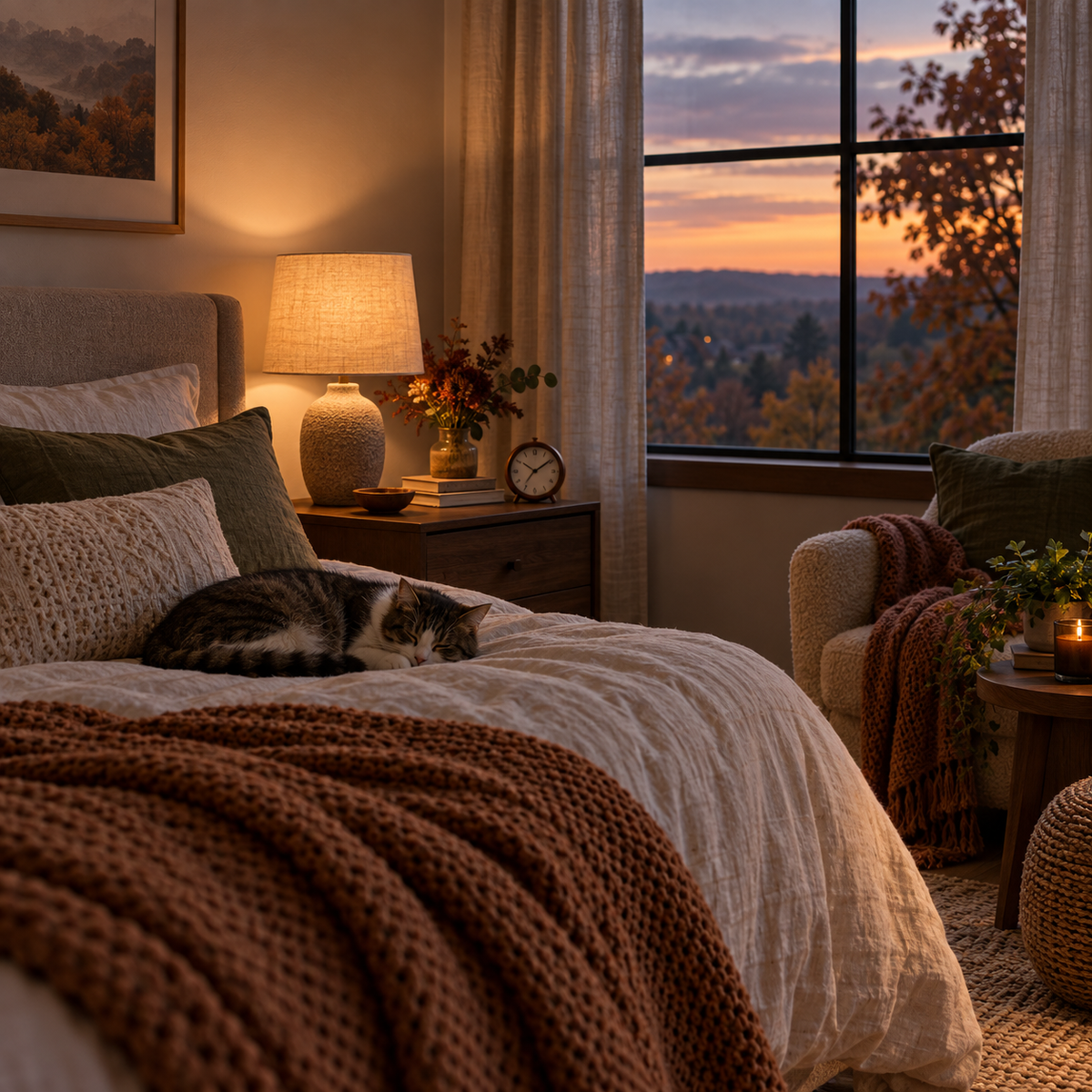 Cozy bedroom at dusk with a bedside clock and warm, low lighting before the fall time change.