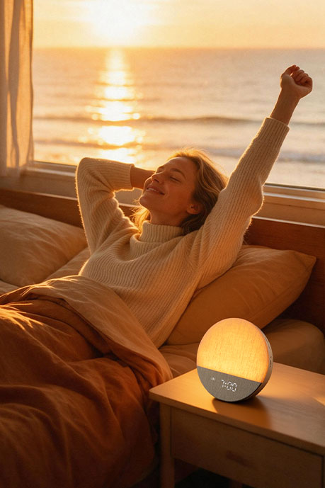 Woman stretching in morning light beside a glowing Dreamegg Sunrise 1 alarm clock