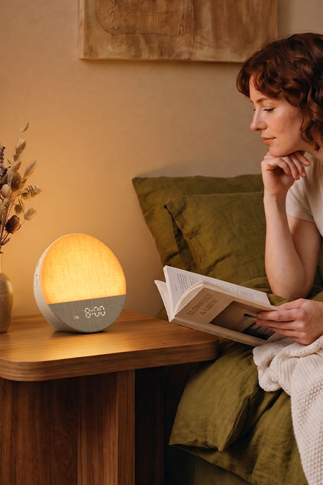Woman reading beside a glowing Dreamegg Sunrise 1 sound machine and wake-up light