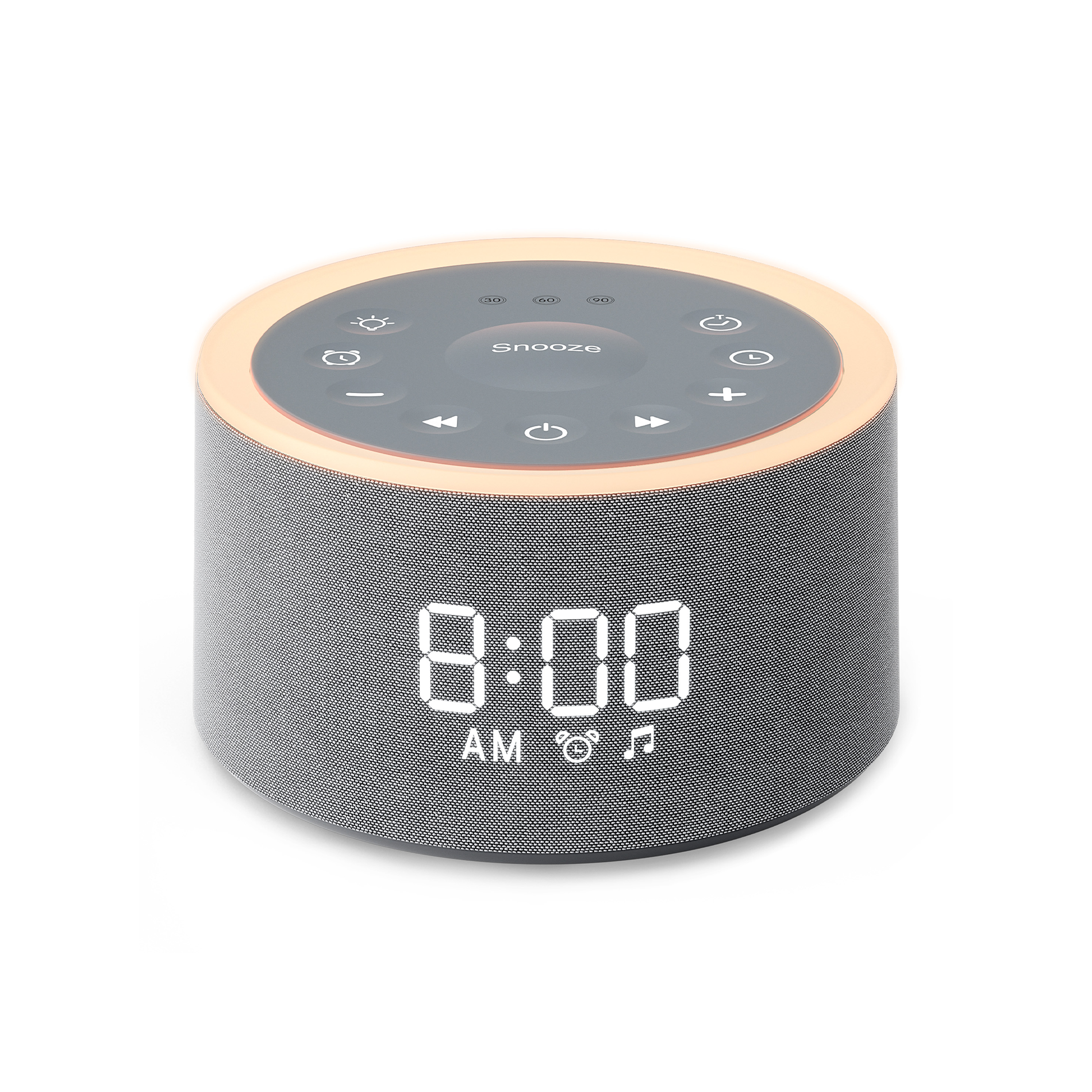 Máquina de sonido Dreamegg Classic D1+ de cuerpo redondo con frontal textil gris, reloj iluminado y aro de luz cálida.