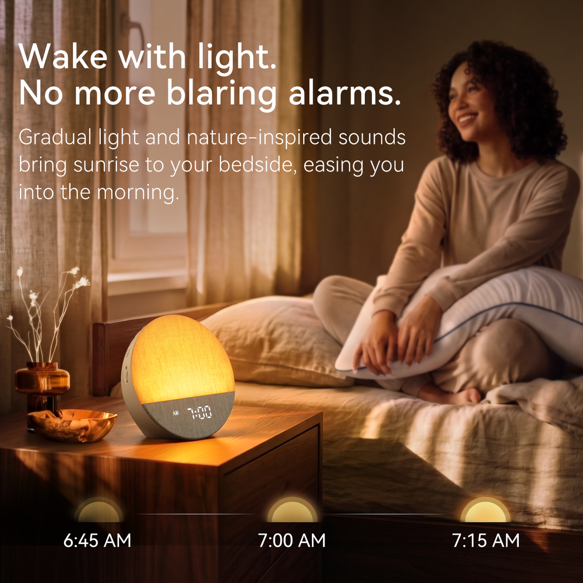 Mujer despertándose junto a Dreamegg Sunrise 1 y su luz de amanecer