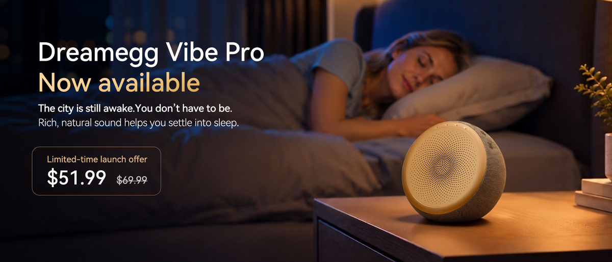 Dreamegg Vibe Pro sound machine on a bedside table beside a sleeping woman