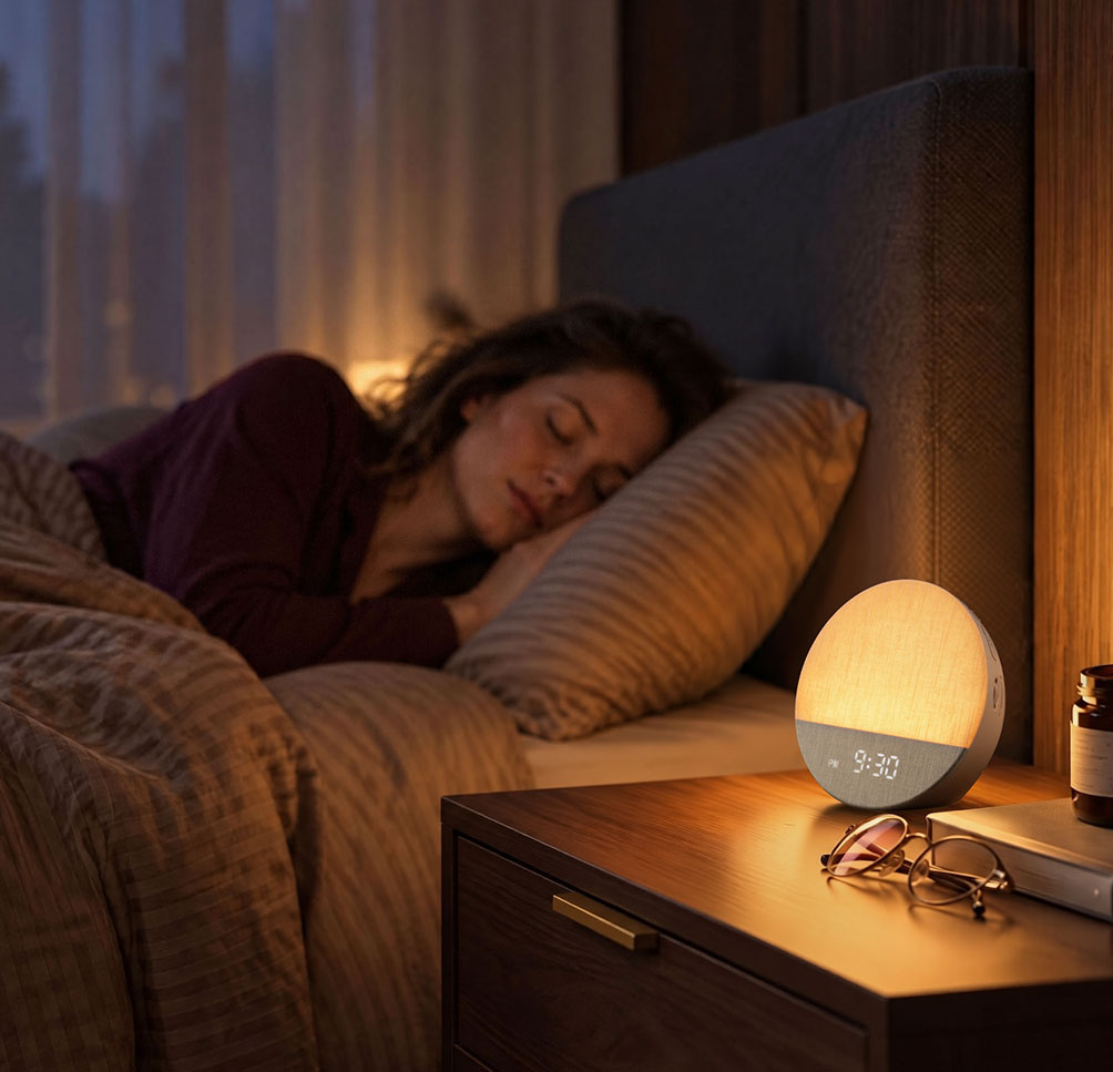 Woman resting beside the warm glow of a Dreamegg Sunrise 1