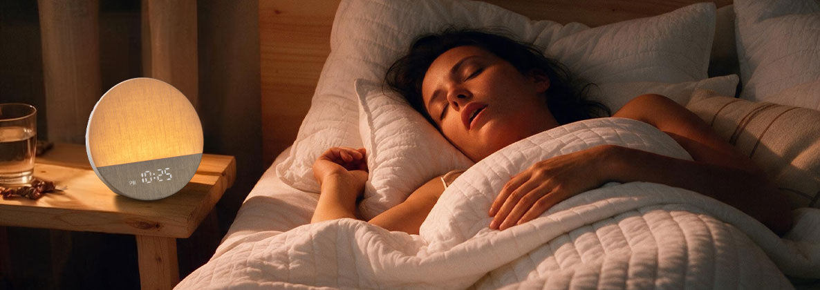 Woman sleeping beside a glowing Dreamegg Sunrise 1 sound machine and alarm clock