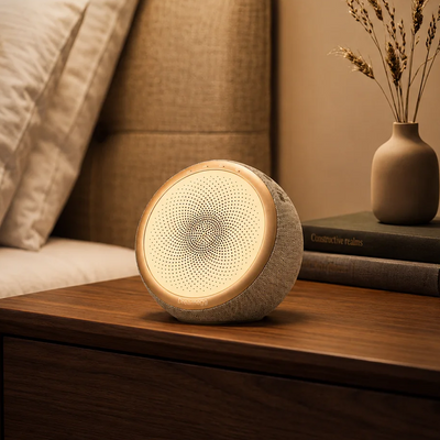 Warm gray Dreamegg Vibe Pro sound machine on a bedroom nightstand